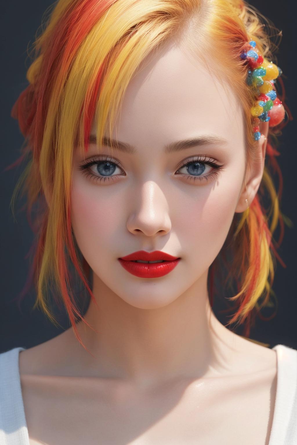 A woman with yellow and red hair wearing a white shirt and red lipstick.