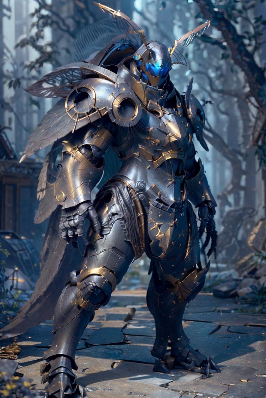 A digital art image of a robotic warrior in a fantasy world with a forest background.