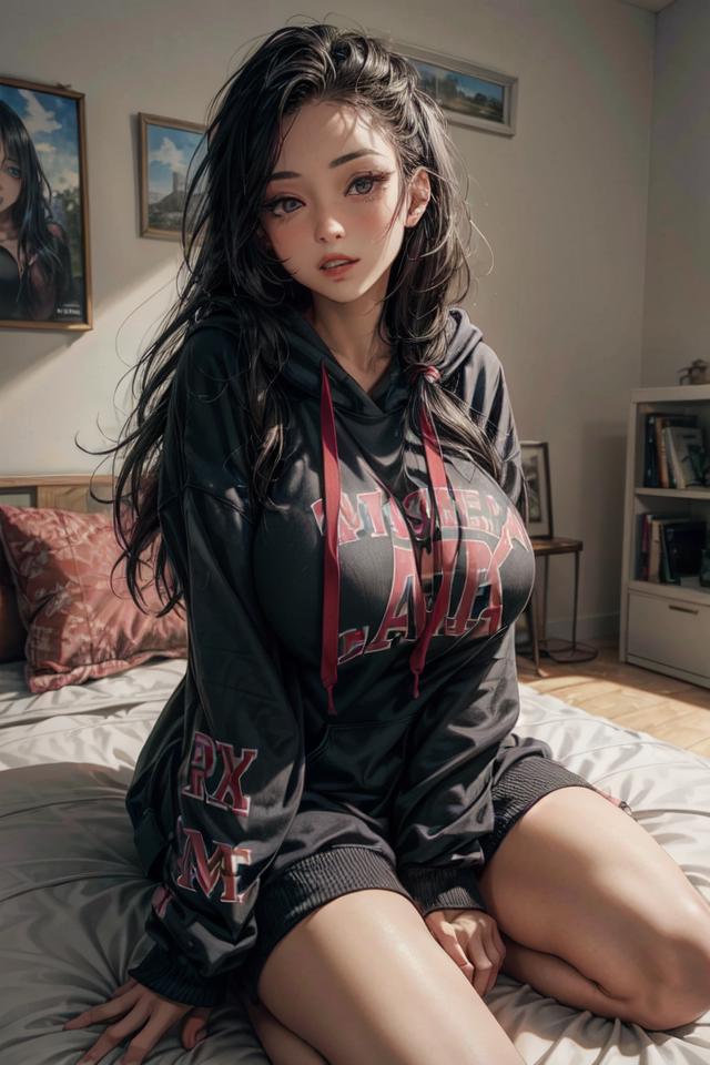 A girl in a black hoodie sits on a bed.