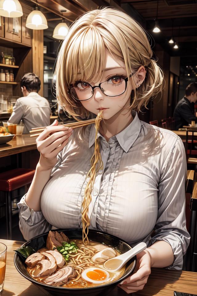 A woman wearing glasses eating noodles in a restaurant.