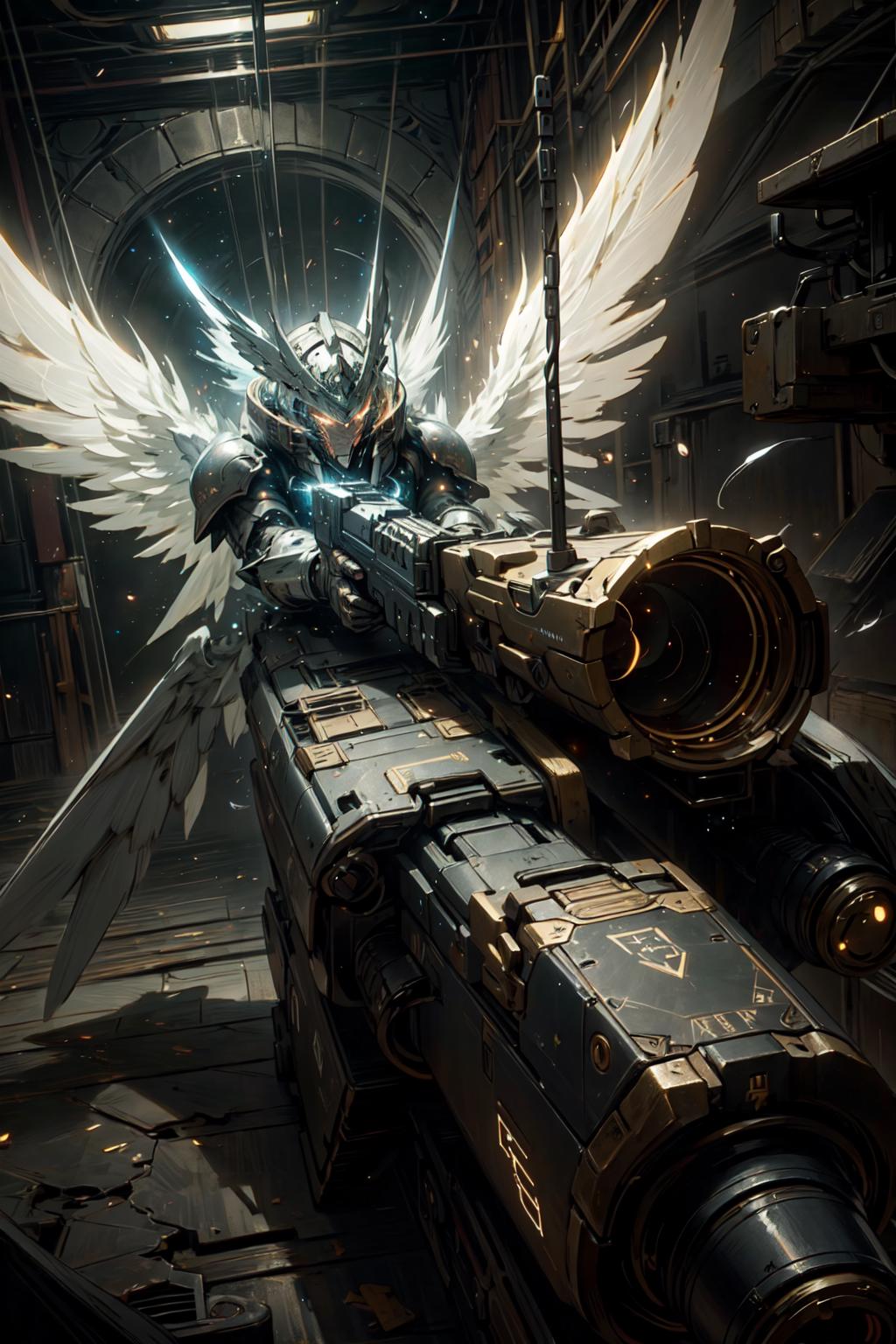 A fantasy image of a warrior angel holding a weapon over a mechanical object.