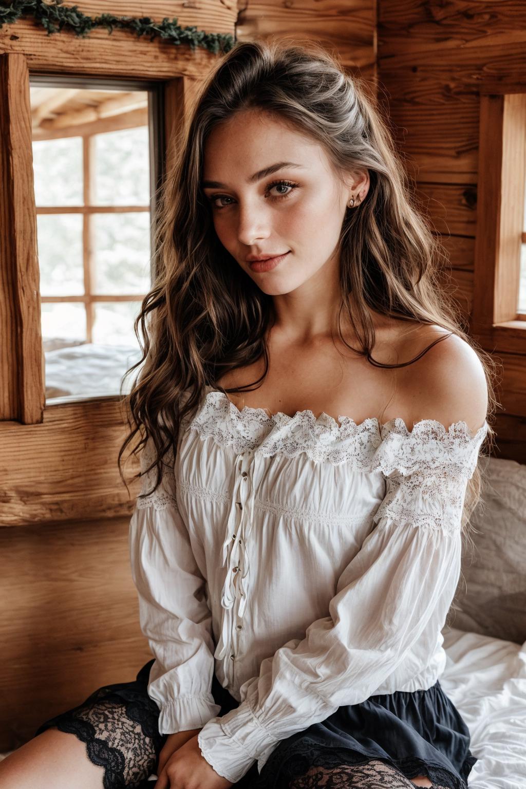 A Young Woman in a White Lace Top Posing for a Picture.