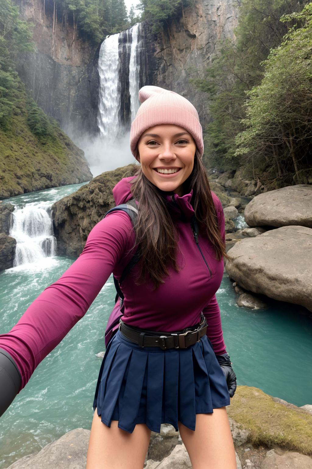 A woman wearing a pink hat and a purple shirt is standing near a waterfall and smiling.