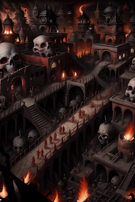 A dark and creepy artistic drawing of a city with skulls and skeletons as the main elements.