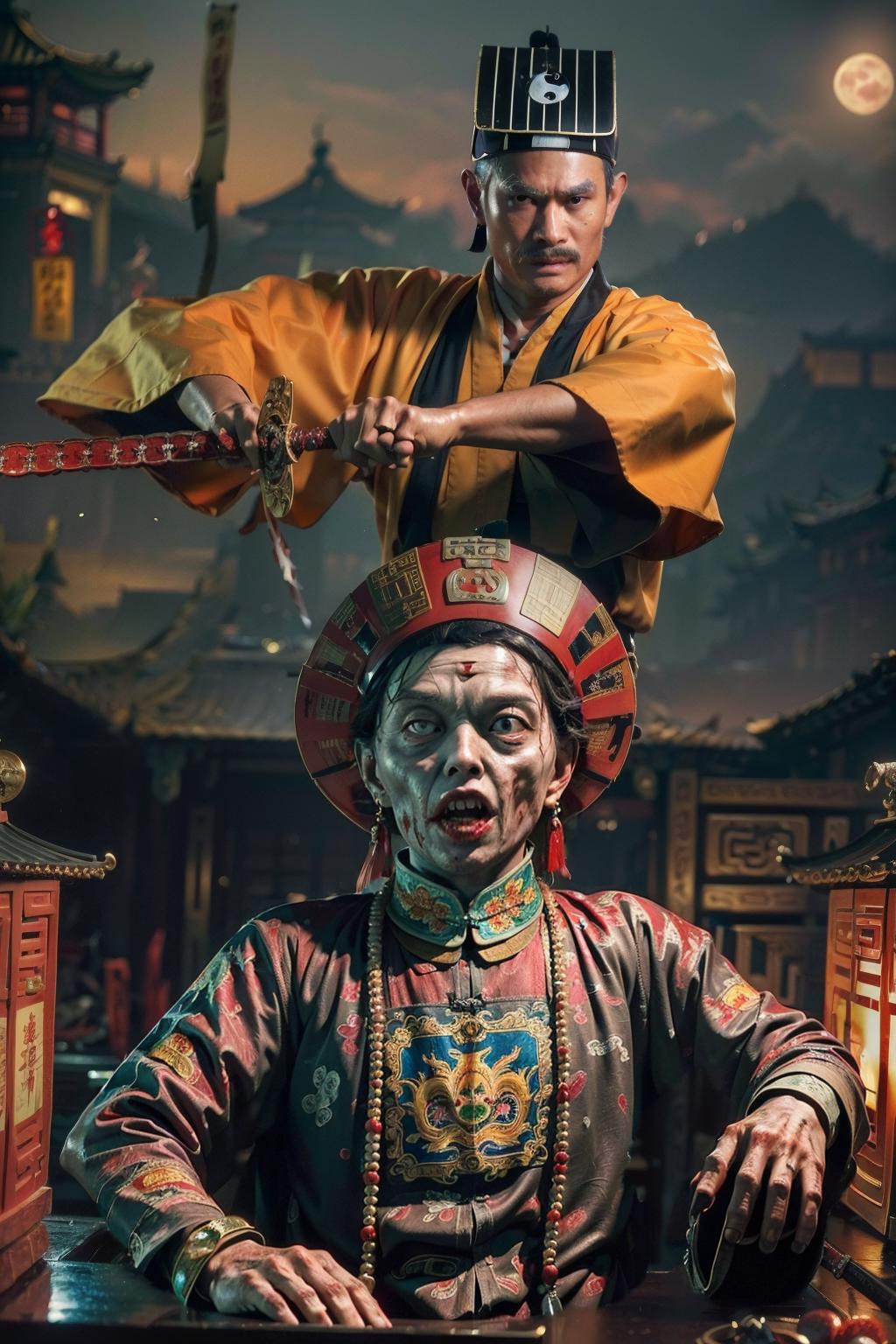 A man in a yellow and red kimono holds a sword over another man's head, who is wearing a Chinese-style hat. The scene appears to be a 3D rendered image or a painting, and the man with the sword seems to be a warrior. The two men are facing each other, and the sword is positioned in a threatening manner, creating a dramatic and intense atmosphere.