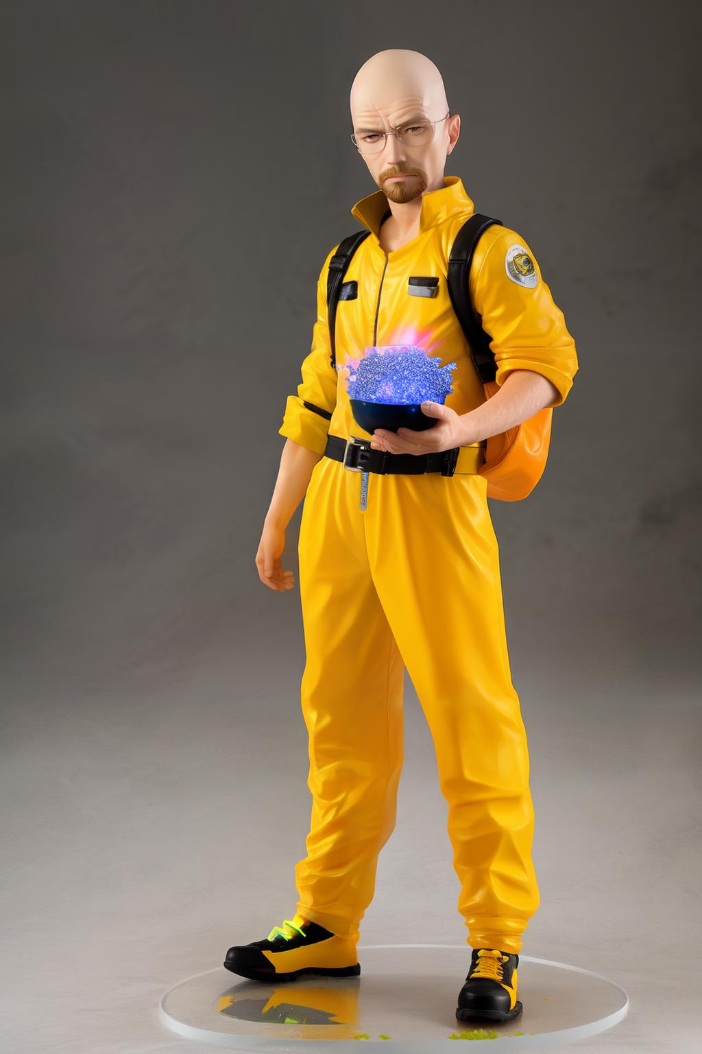 Man in yellow jumpsuit holding blue object.