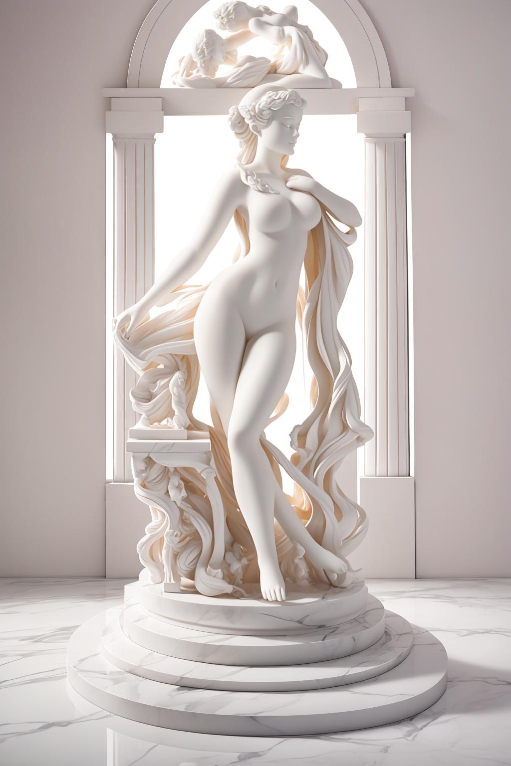 A white statue of a naked woman posing in a room with a marble floor.