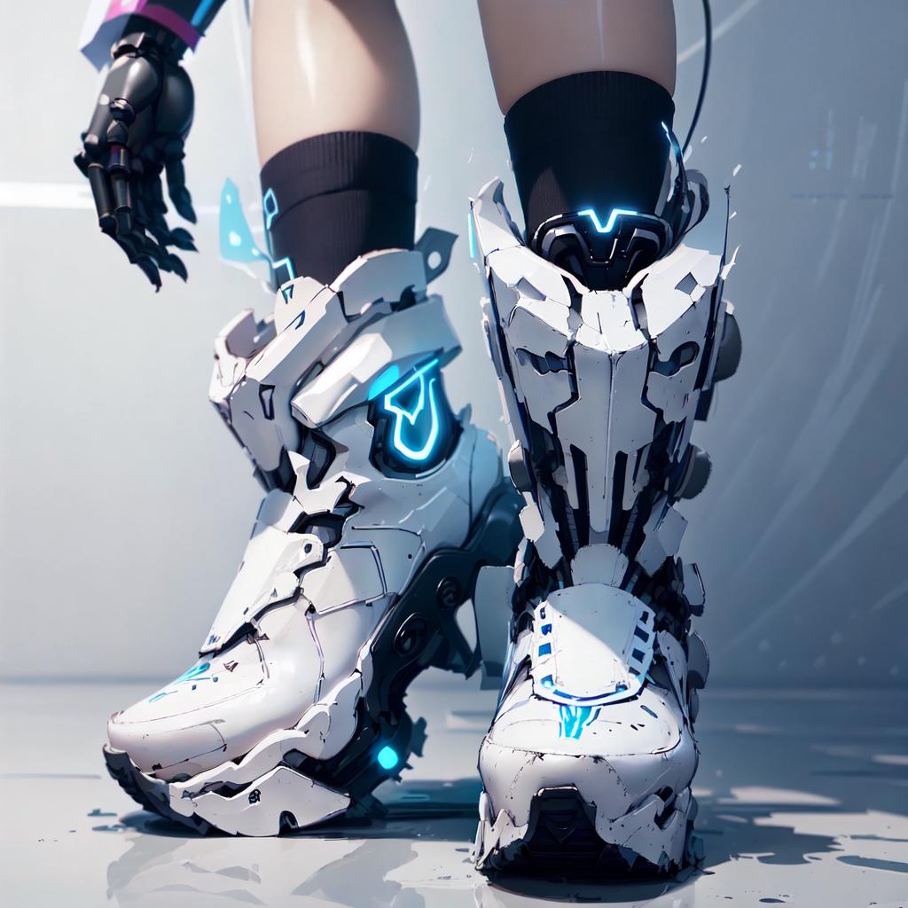 A futuristic robotic leg and foot with blue and white design.