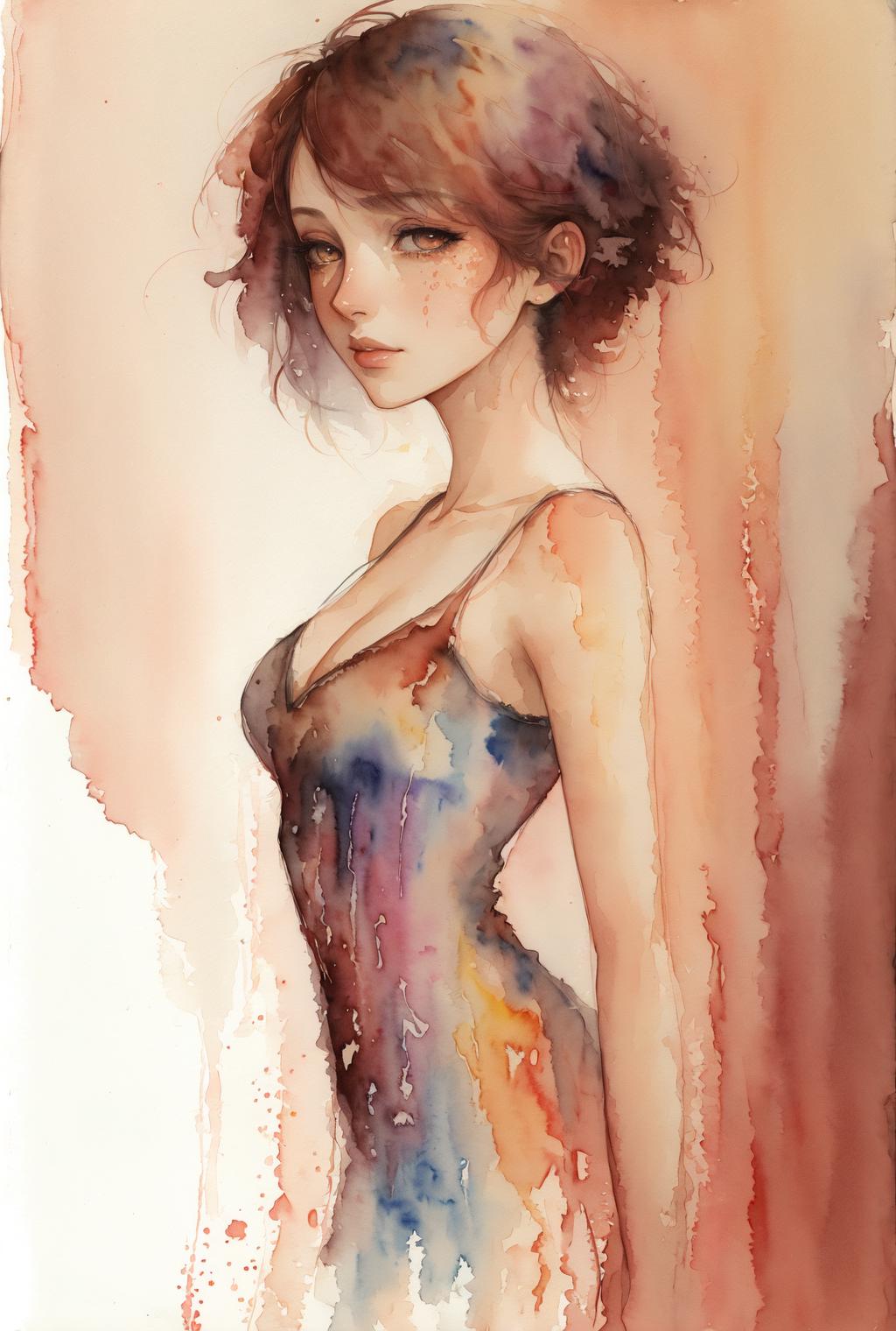 A vibrant painting of a woman in a dress with red hair.