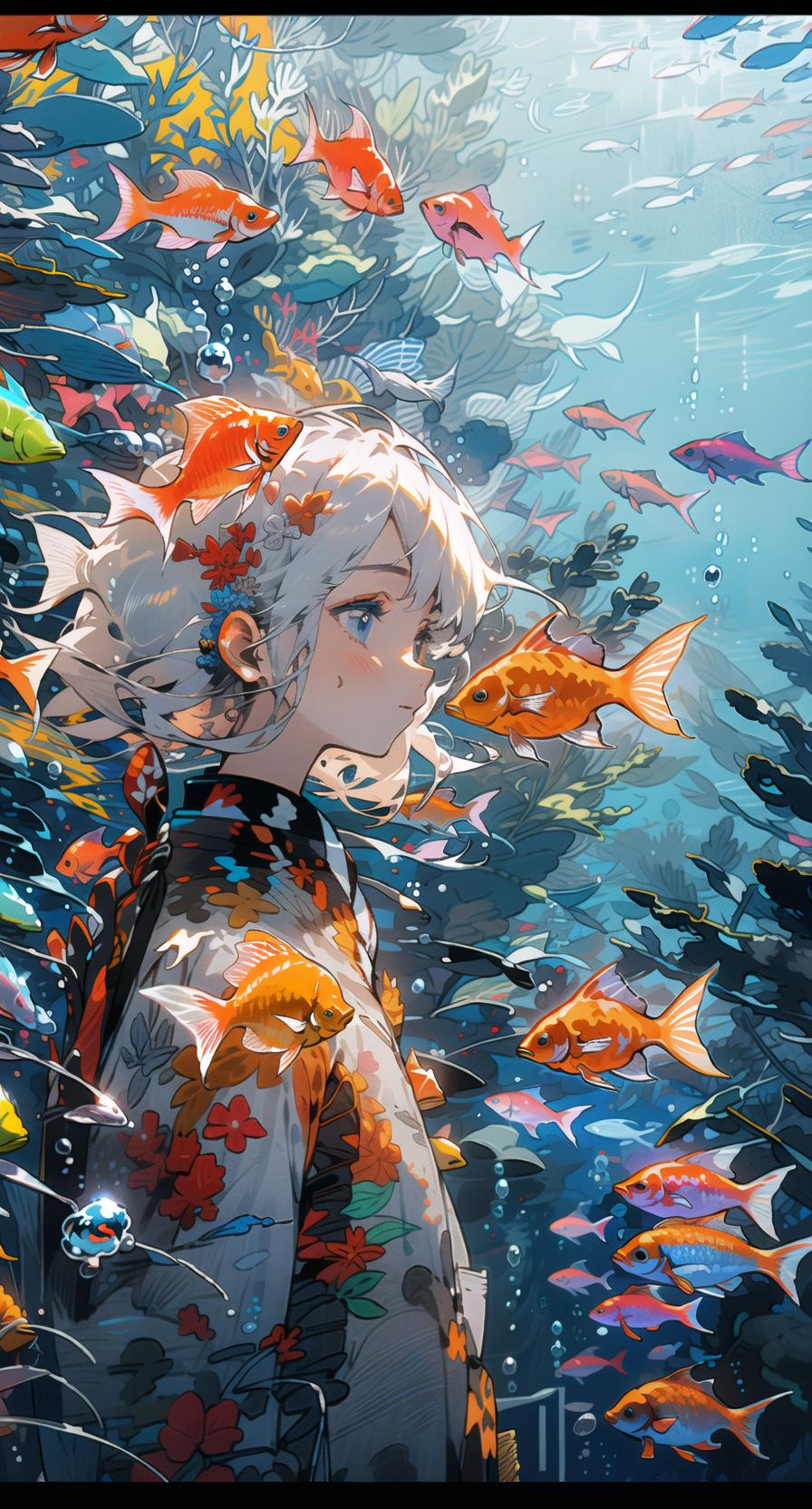 A young girl surrounded by a sea of colorful fish, including goldfish and koi, in a vibrant underwater scene.