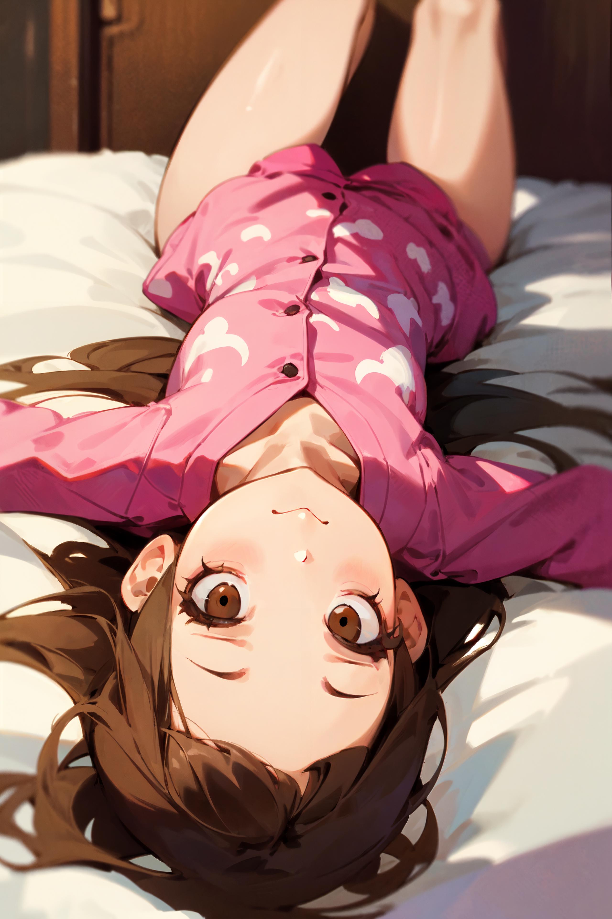 A young woman wearing a pink shirt is lying on a bed.