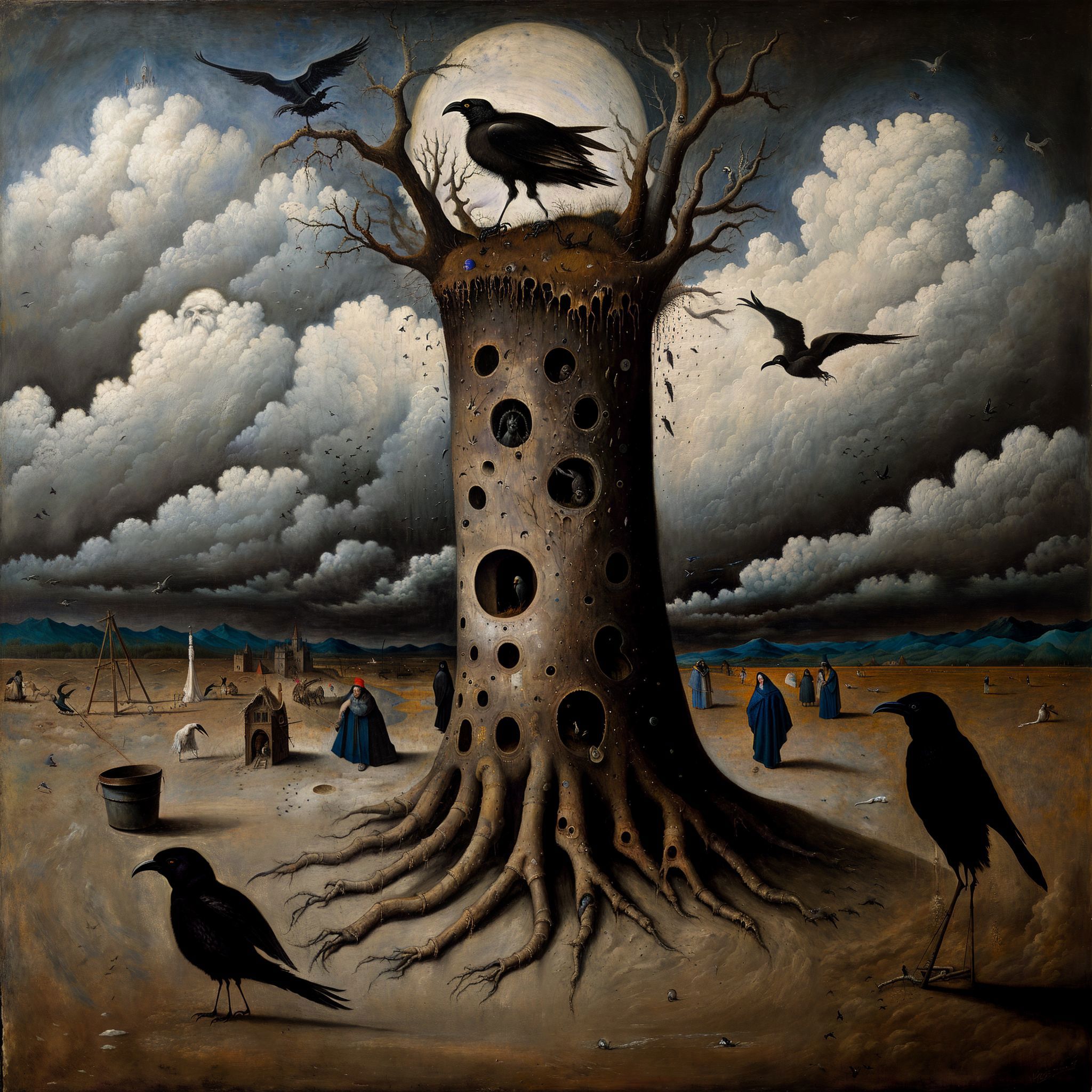 A painting of a tree with a bird perched on it, surrounded by black birds and a cloudy sky.